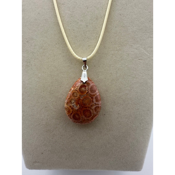 Orange and Beige Fossil Coral Teardrop Pendant Necklace - Picture 6 of 7